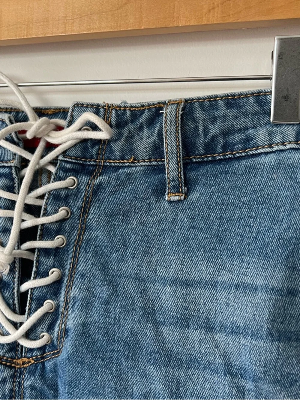 GUESS Denim Mini Skirt Size XS Blue Lace Up High Rise 100% Cotton Y2K‎ Flaw